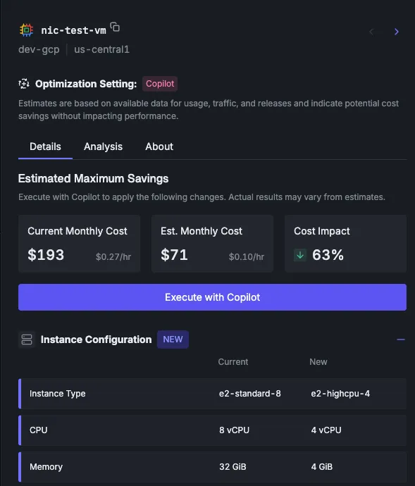 GCE VM optimization with Sedai