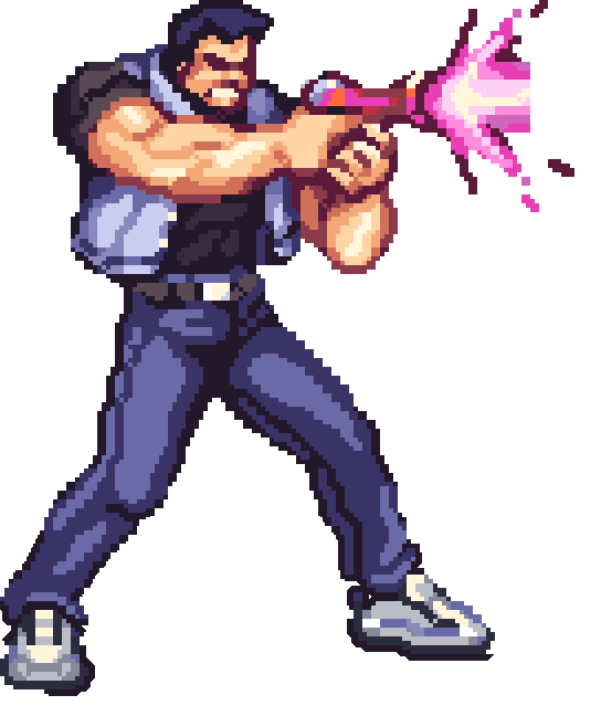 The Player, an engineer, firing a pink laser blaster